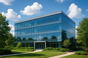 Modern glass office building corporate campus green landscape