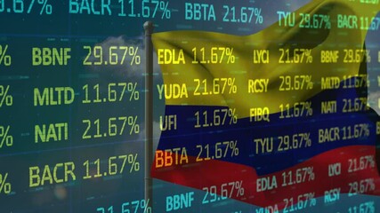 Opening showing Colombian flag fluttering while stock tickers cycling percentages for market view - Powered by Adobe
