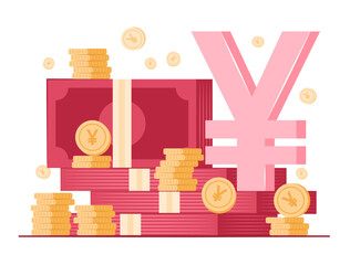 Stack of Cash Money and Coins with Chinese Yuan Currency Symbol for Financial, Savings and Investment Concept Illustration