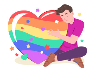 Gay Man Hugging Big Heart with Colorful of Rainbow Flag for LGBT Gay Pride Celebration Concept Illustration