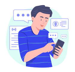 Happy Young Man Chatting with AI Chatbot Application on Mobile Phone for Artificial Intelligence Technology and Telecommunication Concept Illustration