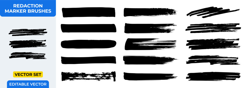 Redaction Marker Brushes Vector Set: Hand-Drawn Black Strokes, Grunge Highlights, and Abstract Underline Elements