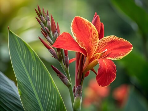 Vibrant African Arrowroot (Canna indica) Flower &ndash; Bold Red Blooms with Orange-Yellow Streaks for Ornamental Beauty