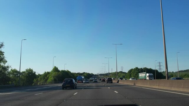 Car Travel on British Highways and Motorways From London City to Luton Tow of England UK