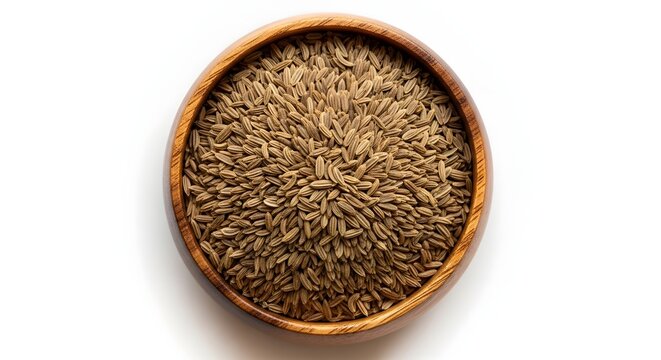 Aerial shot of a wooden bowl filled with cumin seeds on a white background surface