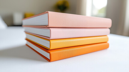 A stack of three pastel-colored hardcover notebooks on a white surface in a bright room