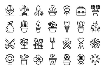 Gardening and flower icons editable stroke outline design isolated on transparent background