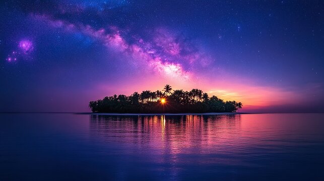 Tropical island sunset, Milky Way, ocean, calm, paradise, travel poster - Powered by Adobe