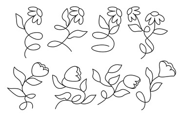 Minimalist hand drawn floral set line art in playful groovy style, perfect sketch for coloring book illustration.
