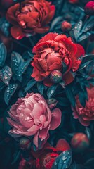 Soft pink peonies in lush green foliage, natural elegance and beauty.