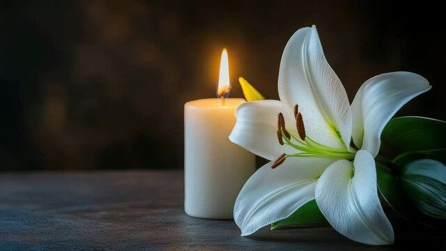 A glowing candle beside a white lily on dark background, representing peace, mourning, remembrance, and solemn reflection.