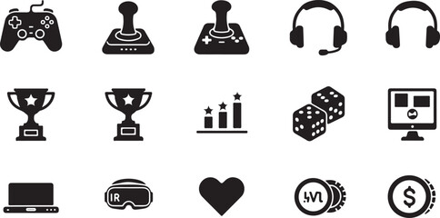 Gaming — gamepad, joystick, headset, trophy, leaderboard, dice, console, VR headset, heart, coin. icon sheet file black and white  © Basura