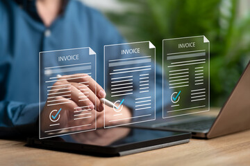 Naklejka na ściany i meble E-Invoice approved and online digital statements concept, Businessman checks budget of company and signs approved payment on document online, Receiving payments, E-statements, Digital electronic bill