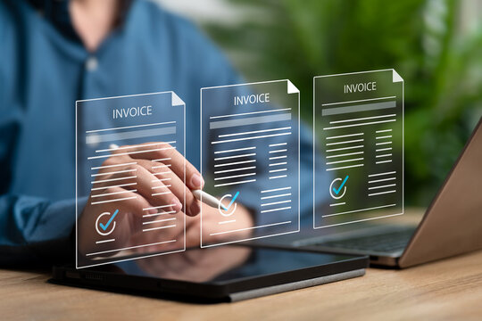 E-Invoice approved and online digital statements concept, Businessman checks budget of company and signs approved payment on document online, Receiving payments, E-statements, Digital electronic bill