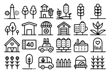 Fototapeta premium Collection of line icons depicting agriculture farming and farmers isolated on transparent background