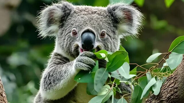 Fluffy koala bear enjoying fresh eucalyptus leaves in its natural habitat in Australia, Fluffy Koala Bear eats tree leaves Fauna of Australia