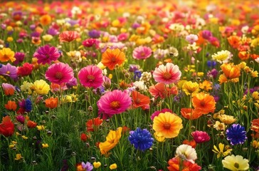 Vibrant meadow filled with a variety of colorful blooming flowers in warm sunlight creating a lively and cheerful atmosphere