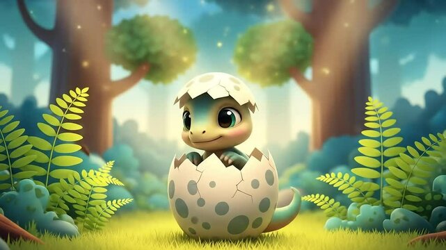 A cute cartoon baby dinosaur in a green forest, smiling and look happy face after cracked the egg