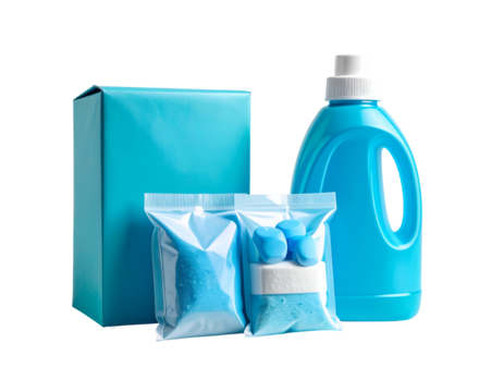 Laundry Detergent Pods, Bottle, and Box dishwasher tablet product mockup on a Transparent Background