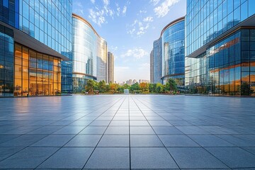 Modern glass office buildings with reflective blue windows surrounding a spacious tiled plaza and greenery under a bright blue sky with scattered clouds