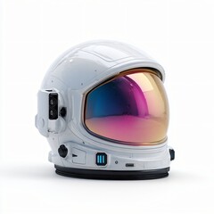 Fototapeta premium Futuristic astronaut helmet gleams, showcasing a holographic visor with vibrant blue and pink hues.