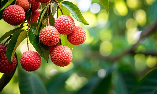 Sweet lychee fruit cluster on the tree.