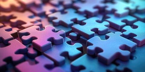 Close-up of scattered puzzle pieces in soft purple and blue lighting evoking focus and complexity