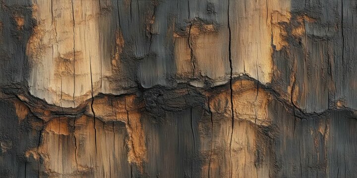 Close-up of weathered, cracked, and burnt wooden surface showing rich textures and gradients of dark brown, black, and beige revealing natural aging and decay