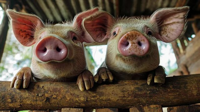 Two pigs curiously peeking over a wooden fence in a rustic outdoor pen, Couple pigs standing in pen made of wood and tin