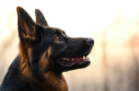 close-up of attentive german shepherd dog looking upward with soft blurred background and gentle light - Powered by Adobe