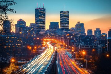 Fototapeta premium City skyline at dusk with tall buildings and bright light trails from vehicles on a busy highway creating a dynamic urban scene