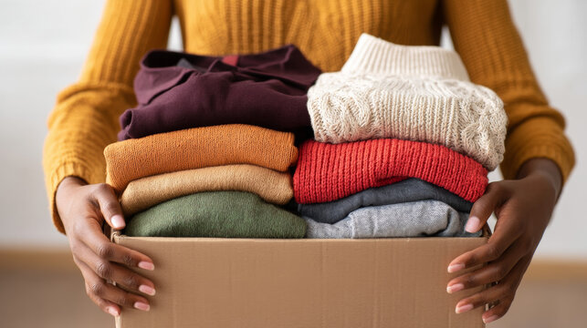 Person carrying a box with neatly folded colorful winter sweaters, representing warmth, donation, and organization.