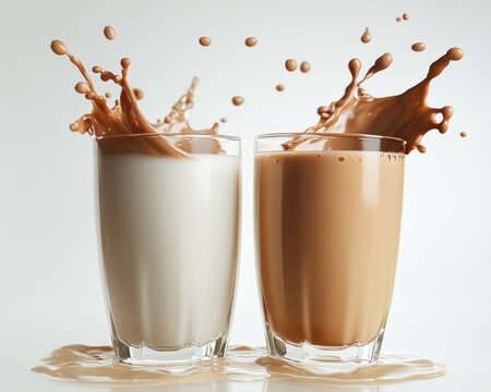 Two glasses filled with milk and chocolate milk splashing over the edges and spilling on a white surface
