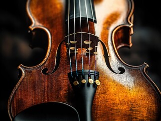 Close-up view of a wooden violin showing strings, bridge, f-holes, and fine details of the polished wood surface with warm lighting