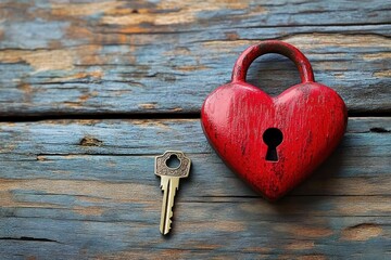 rustic red heart-shaped padlock and small metal key placed on weathered wooden surface symbolizing love and security