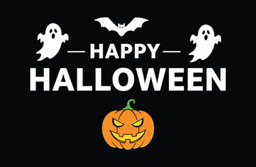 Happy Halloween Text with Pumpkin, Ghosts, and Bat on Black Background – Fun Holiday Banner Template