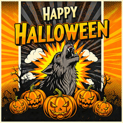 Happy Halloween Retro Poster Template Design with Howling Werewolf and Jack-o'-Lanterns