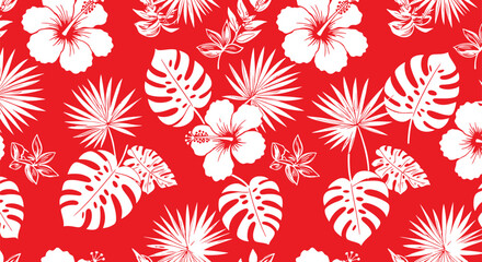 Tropical Hibiscus and Monstera Seamless Pattern – Bold White Floral Vector Silhouettes on Vivid Red Background