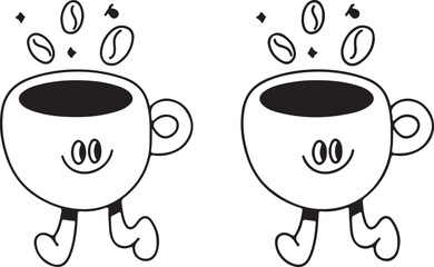 coffee, cup, coffee beans, beans, cartoon, character, animated, happy, smiling, black and white, monochrome, vector, illustration, design, graphic, art, drink, beverage, caffeine, morning, breakfast, 