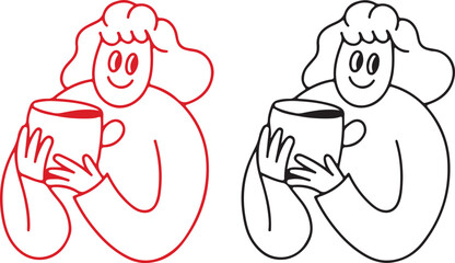 coffee, cup, drink, beverage, holding, person, character, woman, girl, cute, happy, smile, joy, cheerful, outline, line art, black and white, red, illustration, vector, art, design, graphic, cartoon, 
