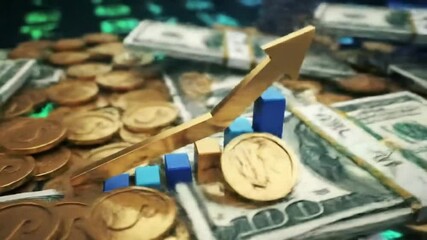 Growth financial business rise money cash currency on 3d finance investment background. Wealth banking profit economy dollar coin deposit stock exchange. Arrow graph strategy invest market chart. - Powered by Adobe