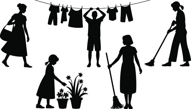 Silhouettes of people doing house chores, sweeping, laundry hanging, plant watering, shopping, daily life routine, home activity illustration flat vector illustration