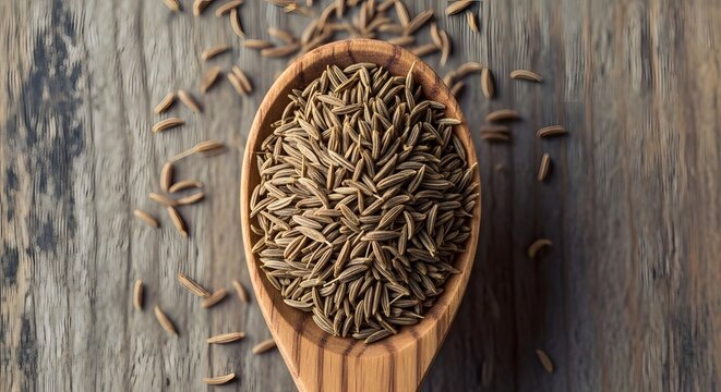 Close up of cumin seeds in a wooden spoon on a rustic wooden surface texture view