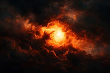 intense fiery glowing sun breaking through thick dark swirling clouds creating dramatic and powerful atmosphere