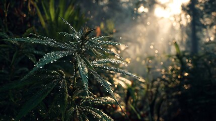 Obraz premium Dew-kissed foliage in a sunlit forest.