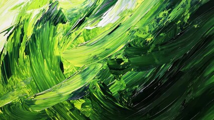 Dynamic abstract brush strokes showcasing a vibrant green symphony of colors across the canvas, Green Symphony Dynamic Abstract Brush Strokes - Powered by Adobe