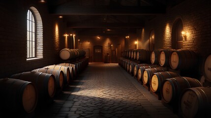 Whiskey bourbon scotch wine barrels in an aging facility | Wine cellar, winery background