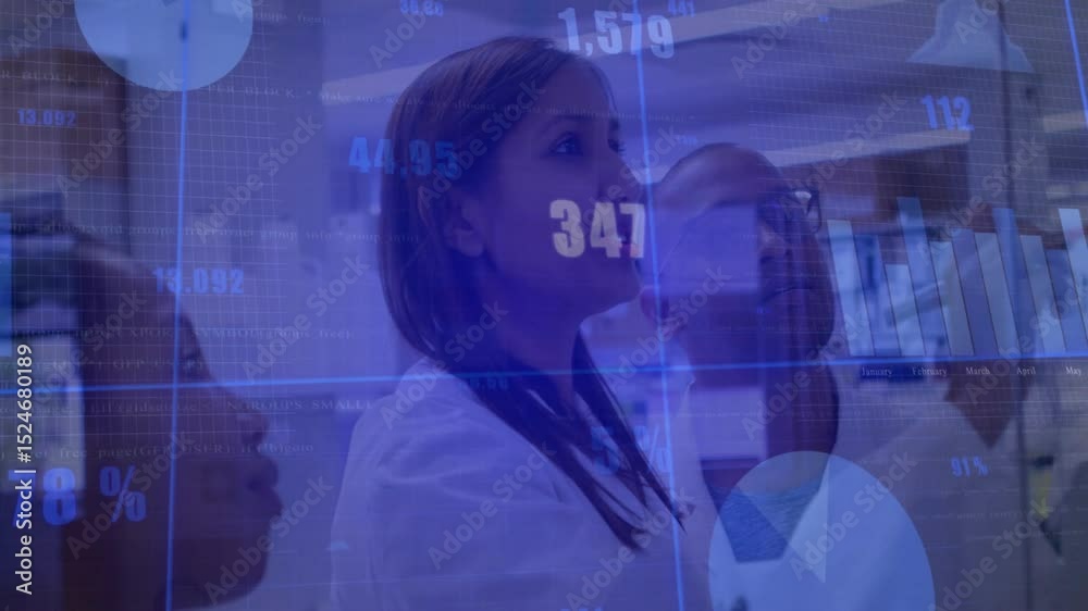 Poster lead researcher touching transparent display chart animating digits for tracking data trends