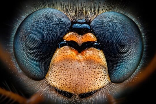 Extreme close-up of a fly's head showing large detailed compound eyes, textured skin, and fine hairs with high magnification