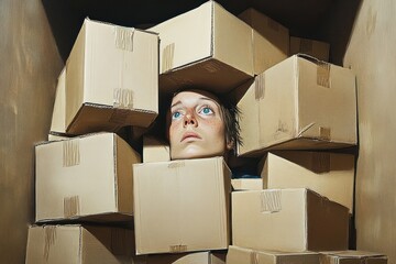 Person surrounded and partially hidden by many stacked cardboard boxes inside a confined space with a thoughtful and slightly anxious expression